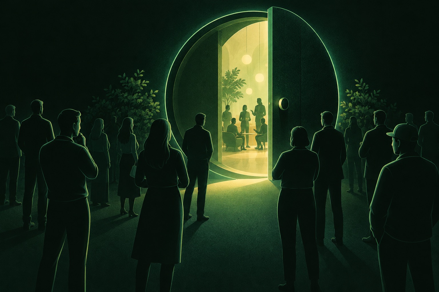 Porta redonda iluminada com pessoas do lado de fora