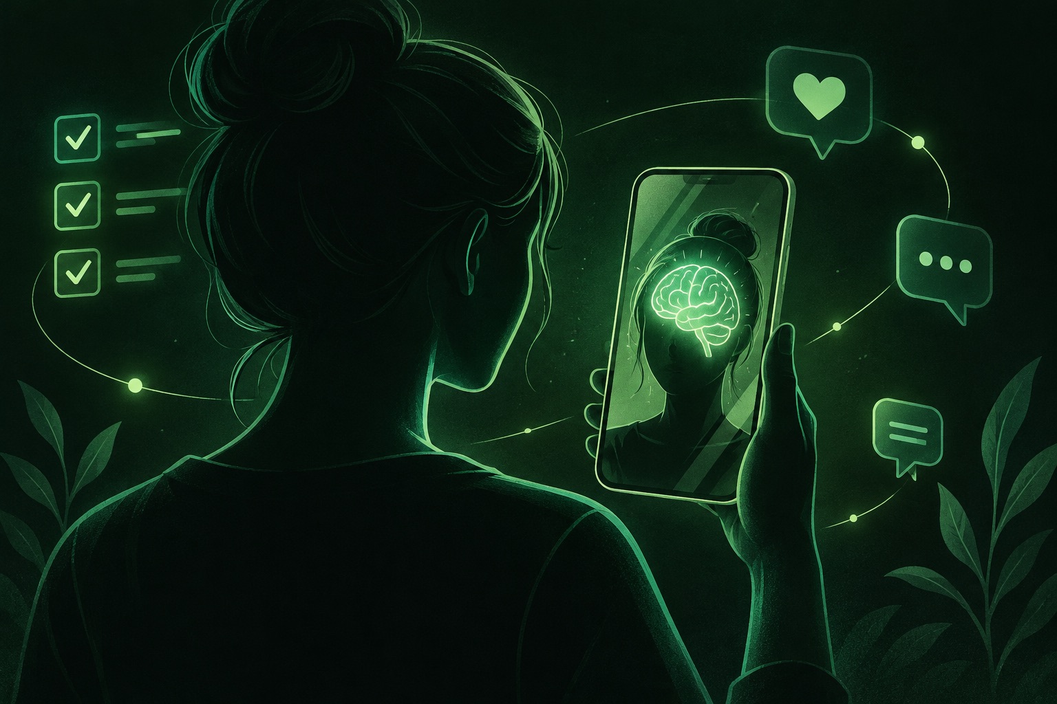 Pessoa diante de um celular que reflete um cérebro