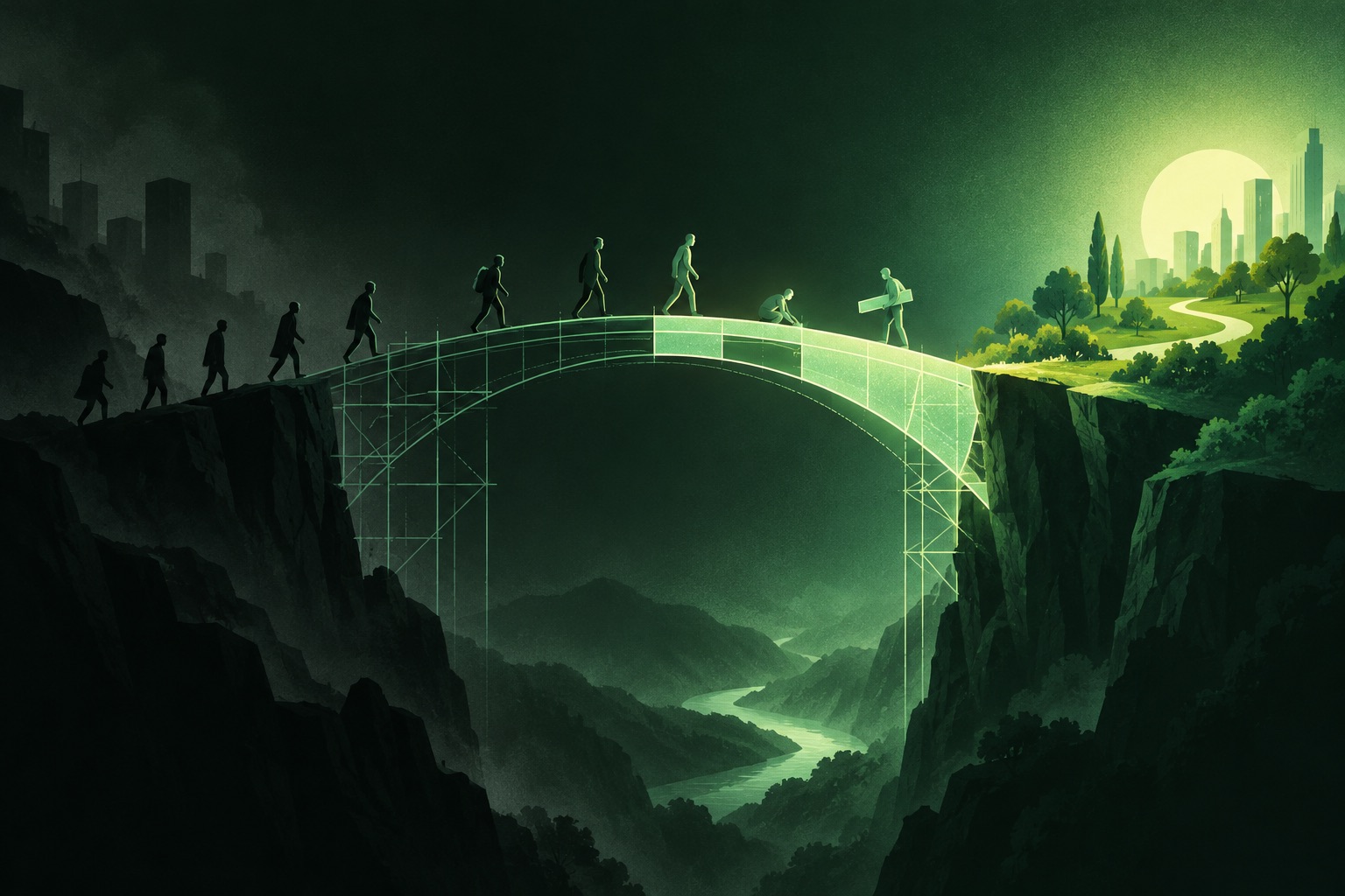 Ponte de luz sendo construída entre dois penhascos